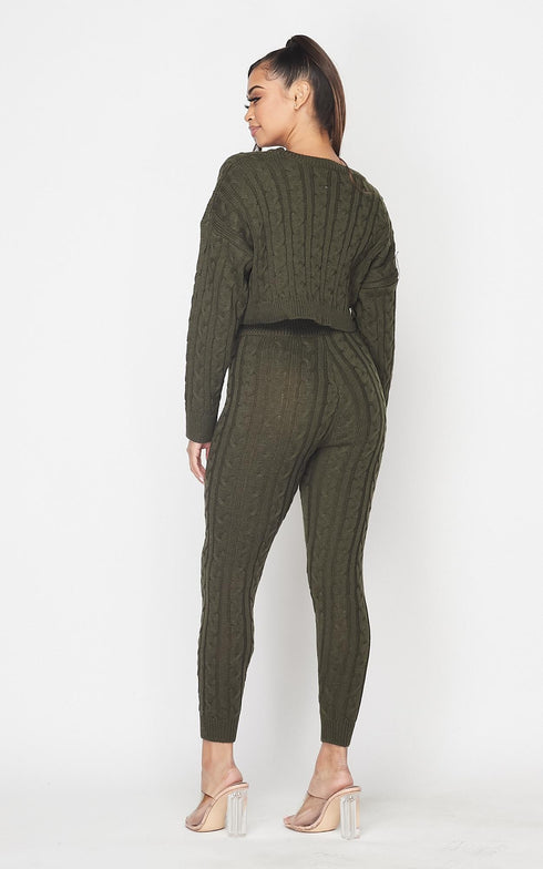 Cable Knit Crop Top and Leggings Set - Olive - SohoGirl.com
